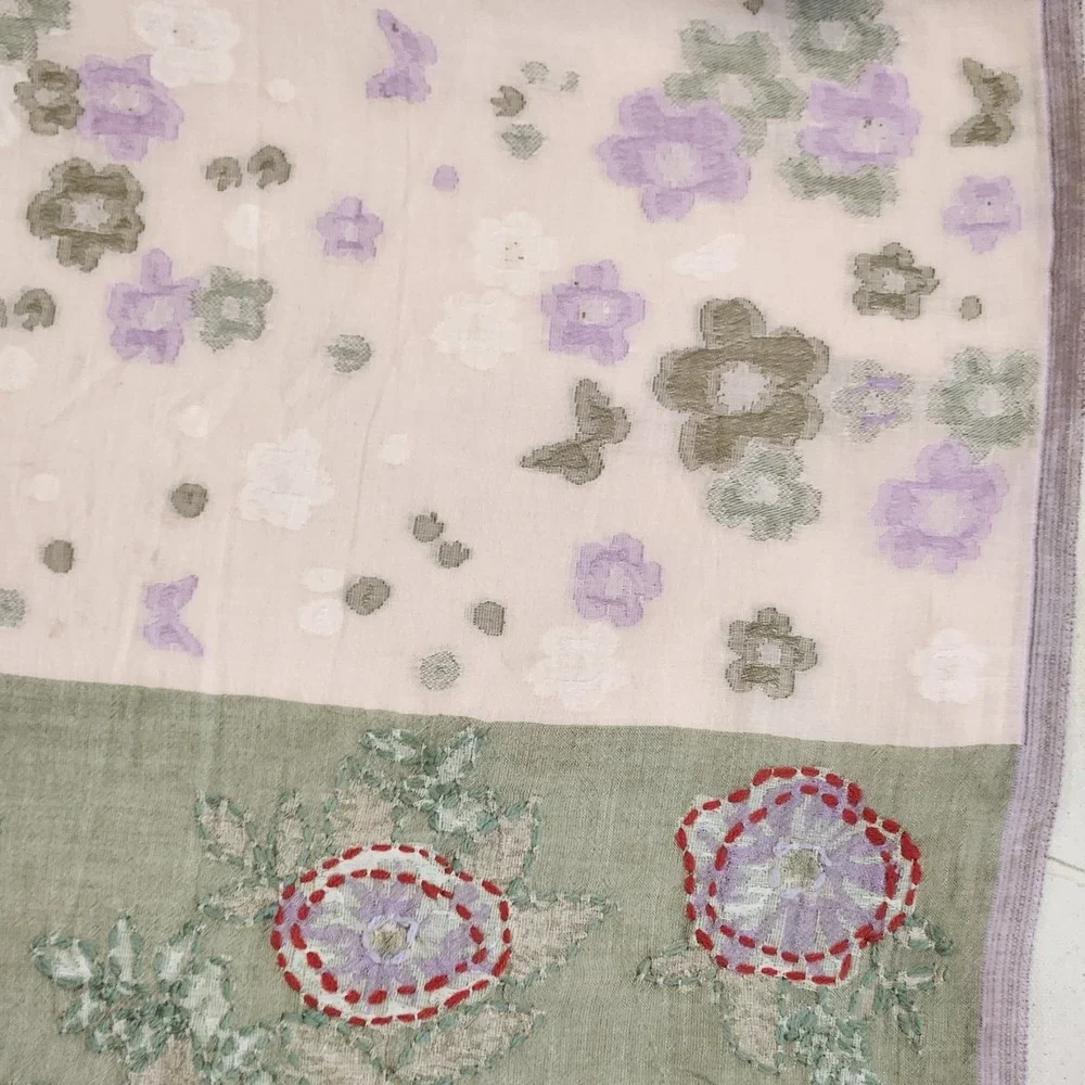 New J. Jill Cotton Floral Embroidered Fringe Scarf Pink Green Kantha Light
